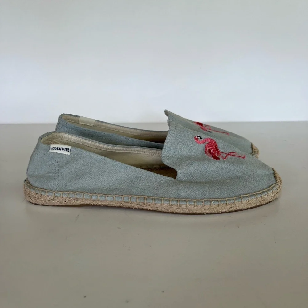 Soludos Flamingos Embroidered Espadrille Smoking Slipper, Light Blue, 9